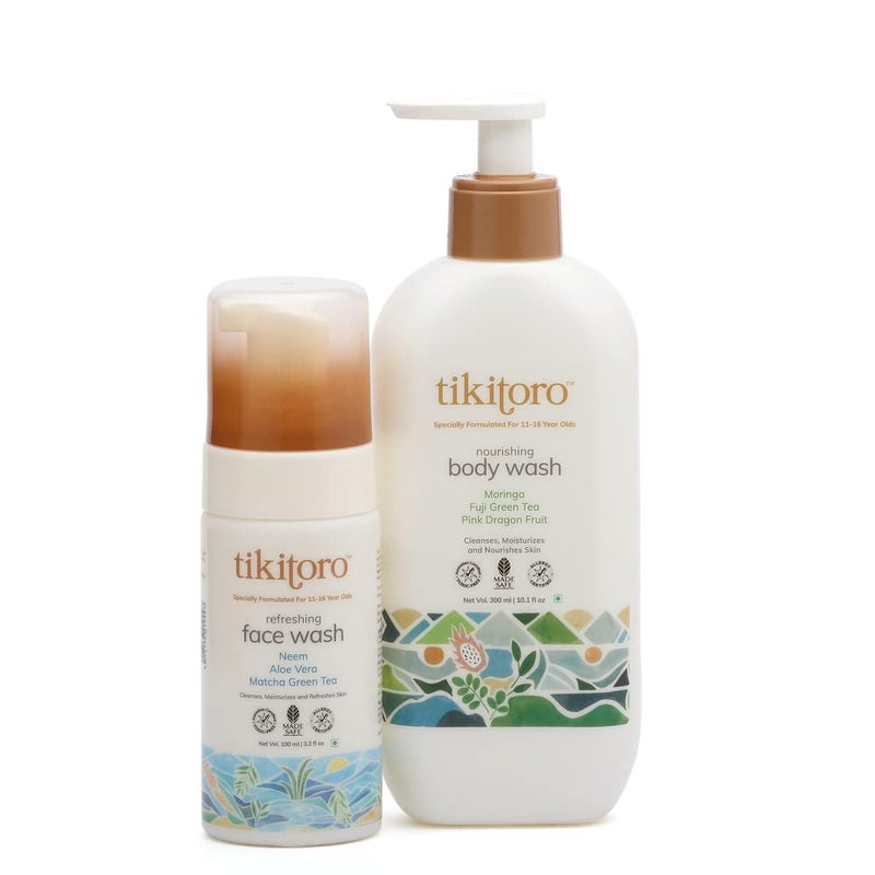 Tikitoro Teens Natural Bath Combo 100 Vegan with Nourishing Body Wash and Refreshing Facewash No Parabens Sulphates Age 11 300 ml x 1 100 ml x 1 - Image 1
