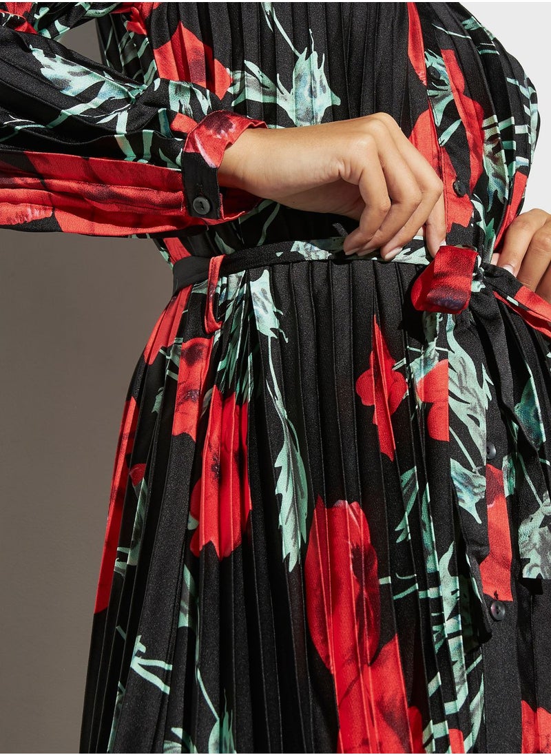 2Xtremz - Tie Detailed Button Down Floral Plisse Dress - Image 1