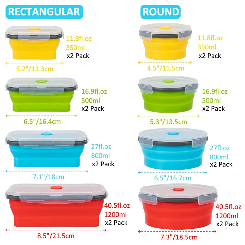Annaklin Collapsible Food Storage Containers with Lid & Air Vent, 16 Pack, 8 Rectangular + 8 Round, Annaklin Foldable Silicone Lunch Containers Collapsible Bowls Set, Microwave Freezer Dishwasher Safe, 4-Color - Image 5