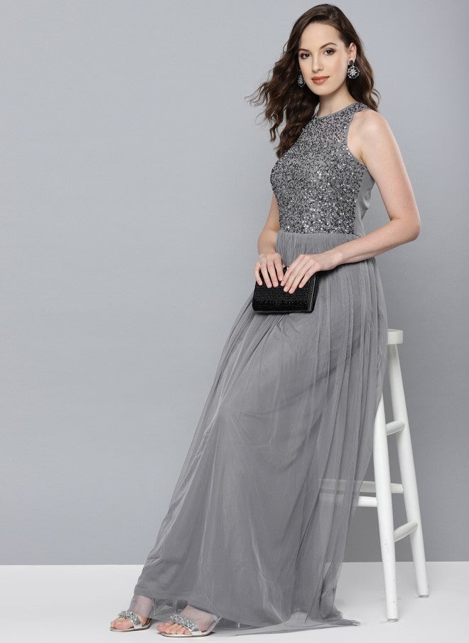 STREET 9 فستان ماكسي نسائي مزين باللون الرمادي - Image 5