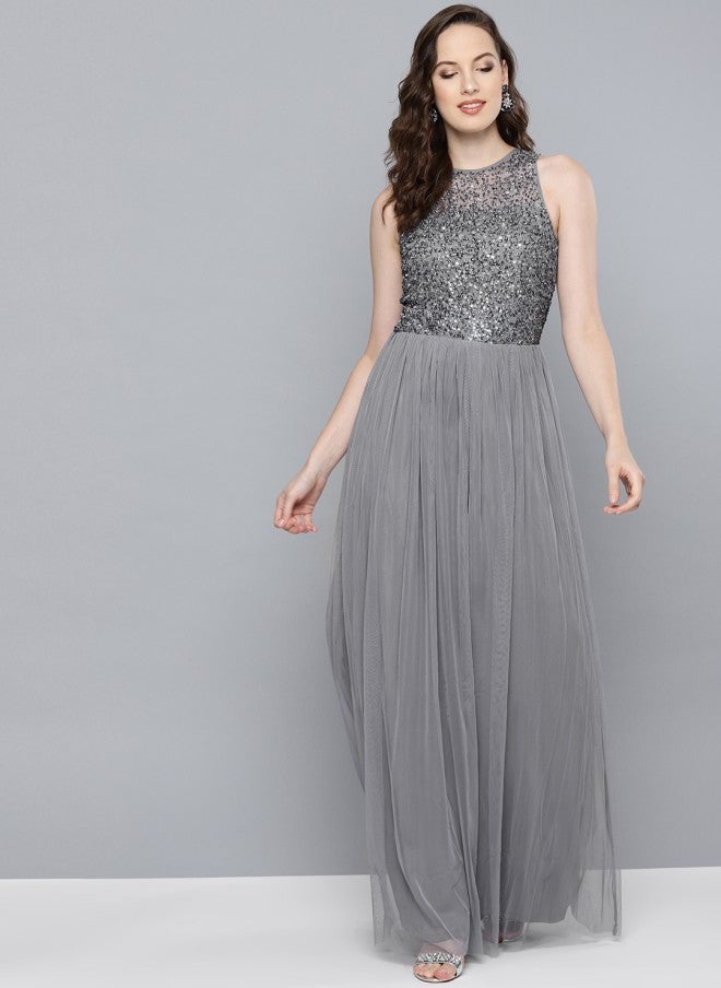 STREET 9 فستان ماكسي نسائي مزين باللون الرمادي - Image 1