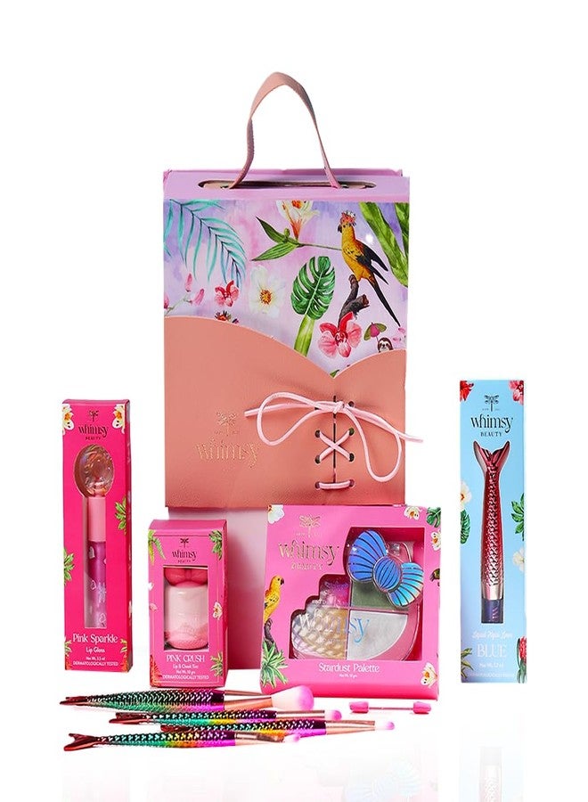 Whimsy Beauty Pretty Hang Bag Beauty Kit | Non-Toxic Beauty Set for Kids & Pre-Teens |Lip Gloss, Lip Tint, Eyeliner, Eyeshadow Palette, Mermaid Brushes & Puff Blender |Vegan & Cruelty-Free (Pack of 9) - Image 1