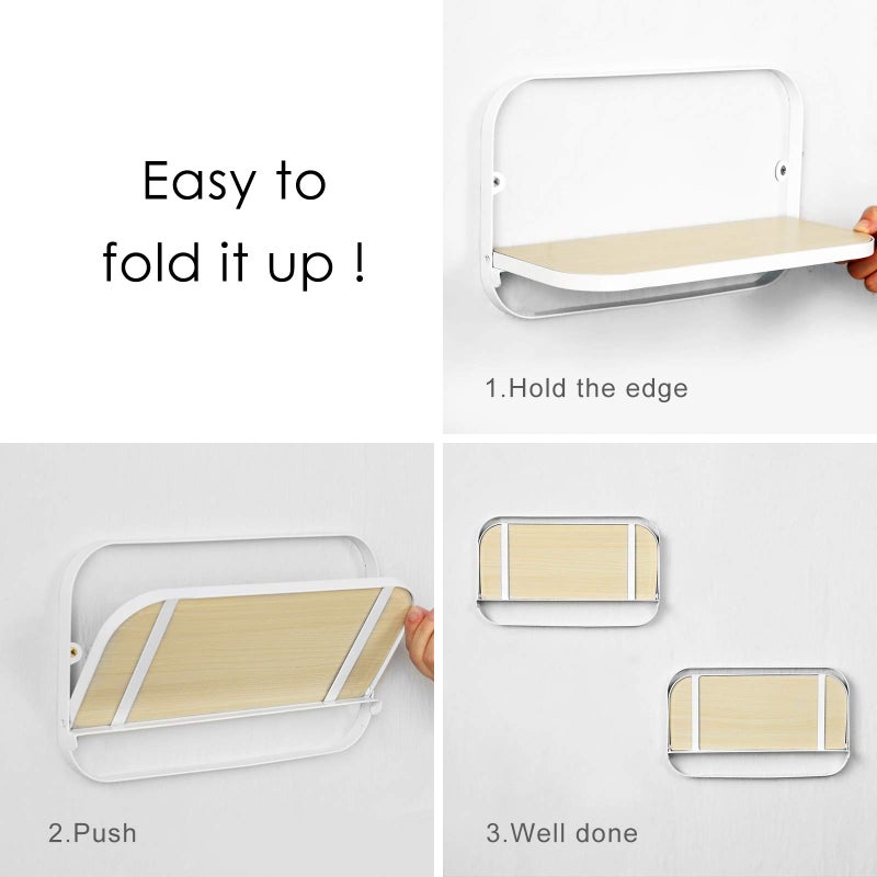 WELLAND Arlington Floating Shelves Set of 2 | Folding Display Wall Shelves | Walnut Grain Wooden Board & Metal Frame | 12" W x 5" D x 7" H | White (Upgraded) - Image 4