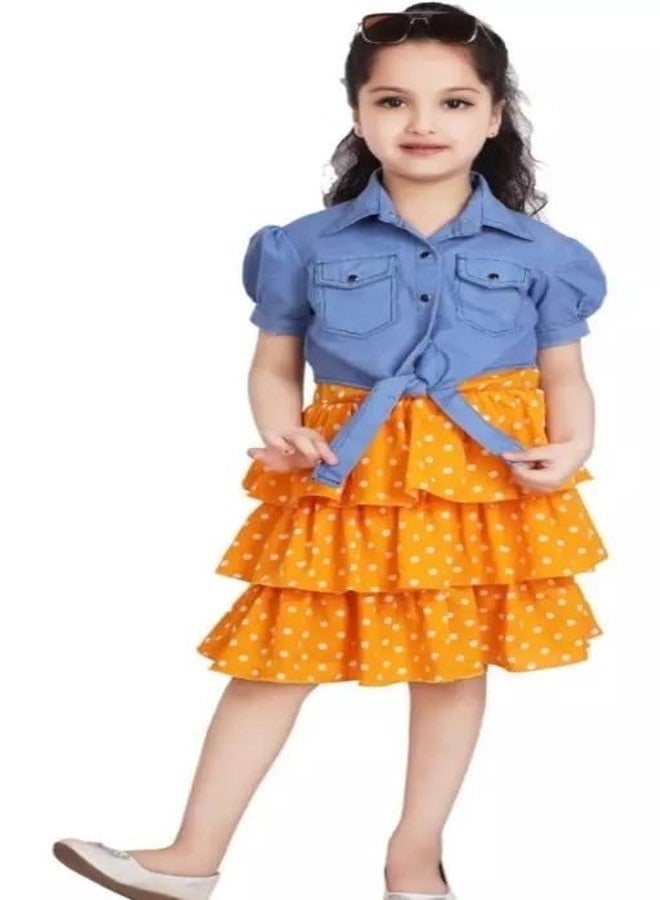 Neysa Girl's Polka Dot Print Fit & Flare Denim Jacket Set (5-6 Years, Yellow) - Image 1