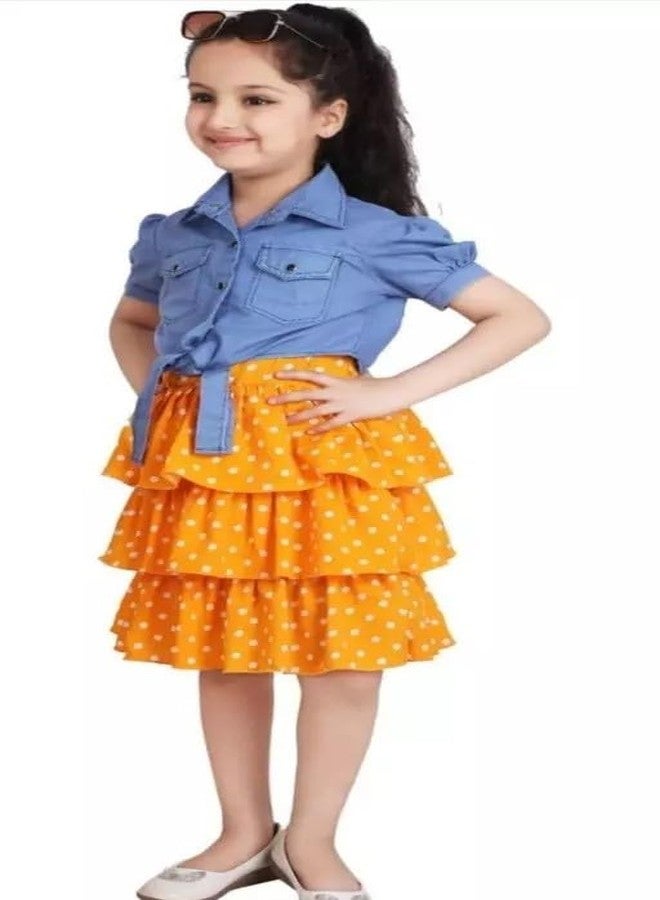 Neysa Girl's Polka Dot Print Fit & Flare Denim Jacket Set (5-6 Years, Yellow) - Image 2