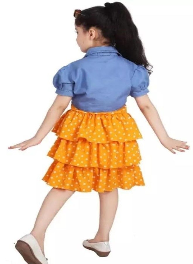 Neysa Girl's Polka Dot Print Fit & Flare Denim Jacket Set (5-6 Years, Yellow) - Image 3