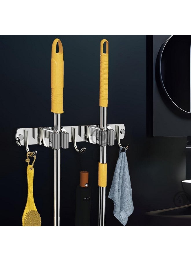 CANWAY® 1 Piece Stainless Steel 2 Racks with 3 Hook Heavy Duty Wall Mounted Broom and Mop Stick Holder, Hanging Tools for Home Kitchen Garden Laundry Garage - Image 1