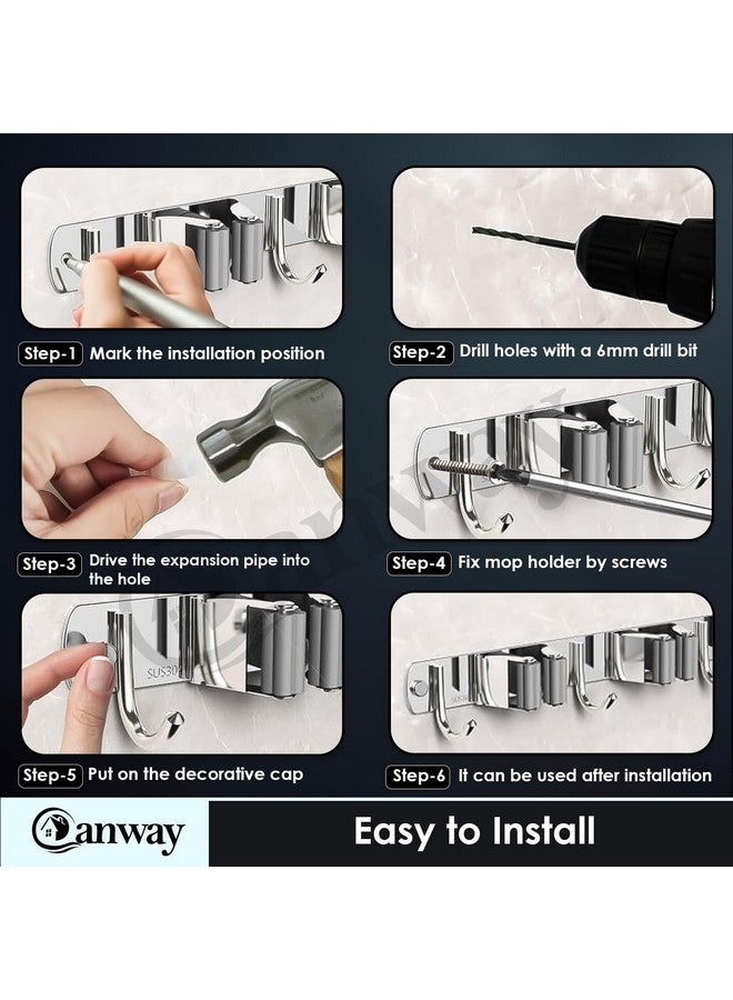 CANWAY® 1 Piece Stainless Steel 2 Racks with 3 Hook Heavy Duty Wall Mounted Broom and Mop Stick Holder, Hanging Tools for Home Kitchen Garden Laundry Garage - Image 5