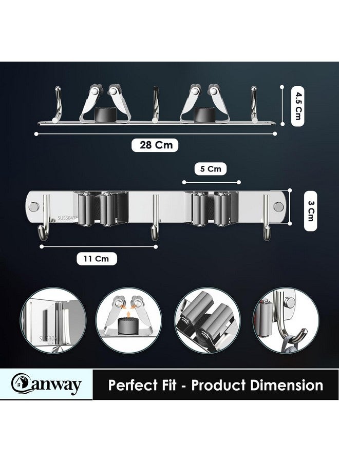 CANWAY® 1 Piece Stainless Steel 2 Racks with 3 Hook Heavy Duty Wall Mounted Broom and Mop Stick Holder, Hanging Tools for Home Kitchen Garden Laundry Garage - Image 2