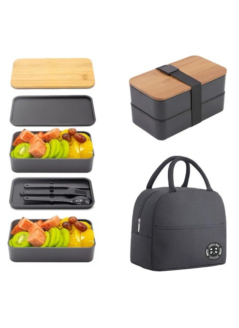 Bento Box for Adults – Stackable Lunch Box with Compartments, Utensil Set, Chopsticks & Dip Container – Microwavable, 1200ML (Grey)