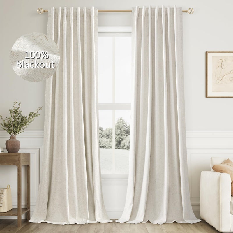Guken Cream 100% Blackout Linen Curtains 96 Inch Length 2 Panels Set for Living Room Bedroom Back Tab Thermal Insulated Black Out Drapes Room Darkening Window Curtains Ivory Natural - Image 1