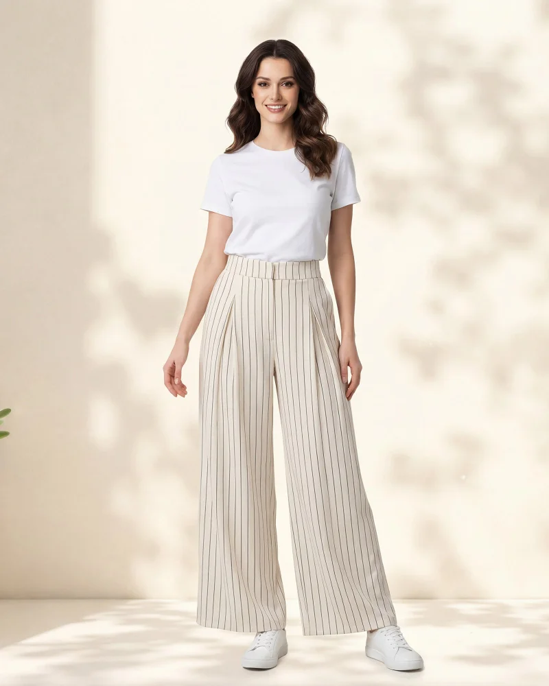 Redtag Women Beige Striped Wide Leg Active Pants