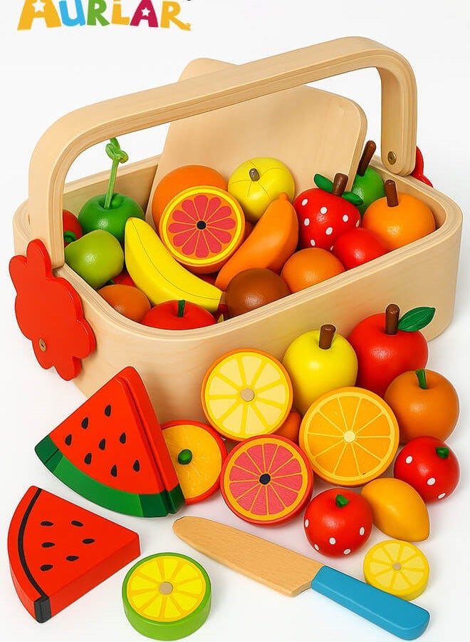 Montessori Wooden Fruit Cutting Toy Set for Kids – Magnetic Pretend Food Play Basket with Knife – Safe Kitchen Simulation Toy for Toddlers - Image 1