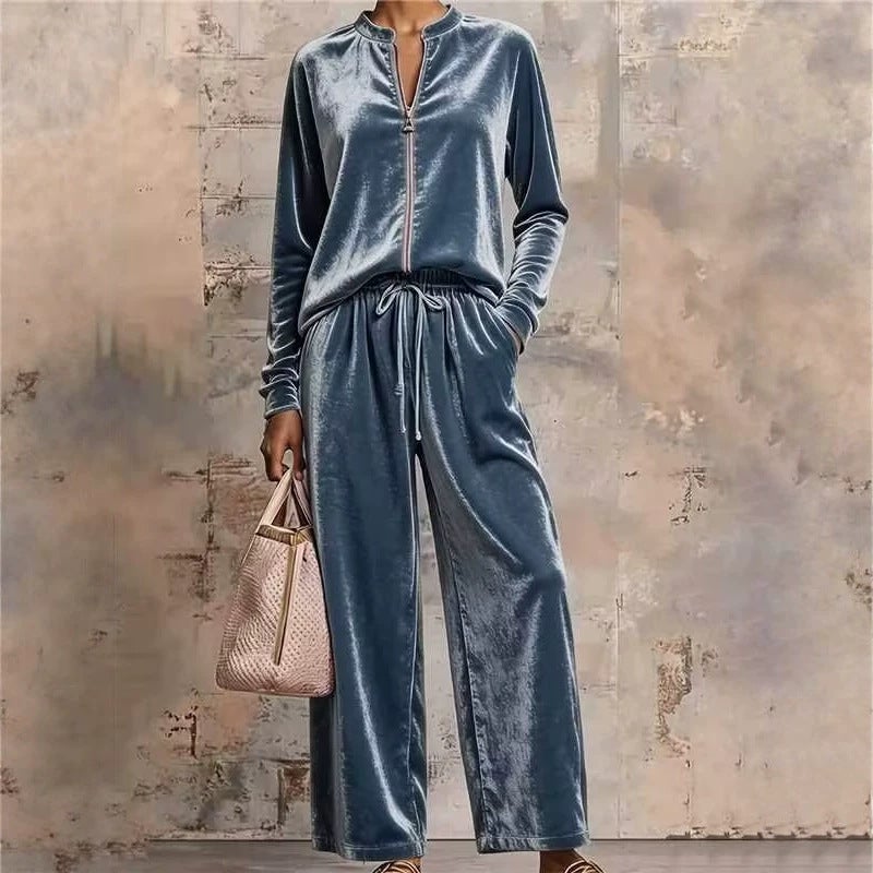 2026 Women's Velour Hoodie and Wide-Leg Pants Set - Image 1