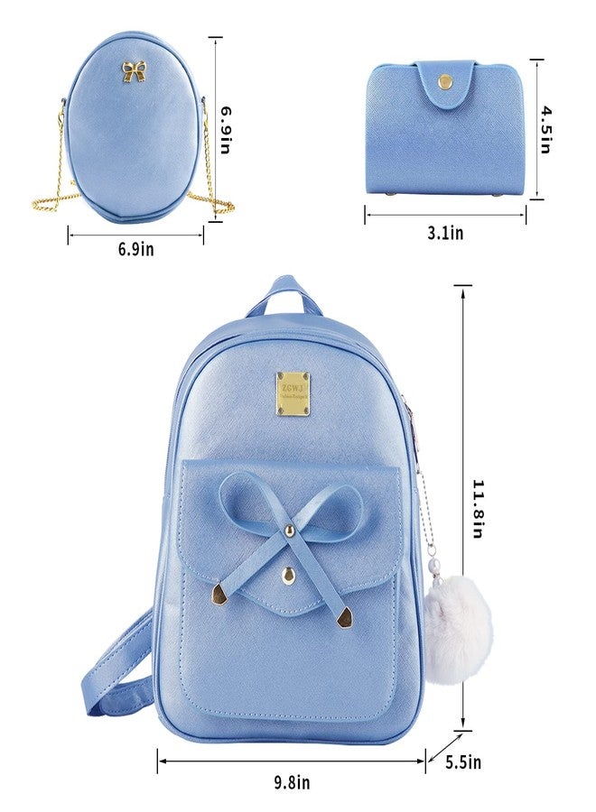 Aogist Mini Leather Backpack Purse 3-Pieces Fashion Bowknot Zipper Bags Cute Casual Travel Daypacks for Girls and Women, Blue, - Image 2