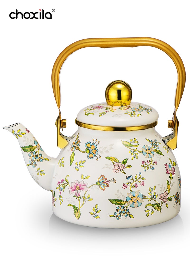 choxila Enamel Off-White 1.2L Teapot with Flower and Bird Pattern, Tea Infuser Kettle with Golden Handle for Home Use and Daily Brewing - Image 1