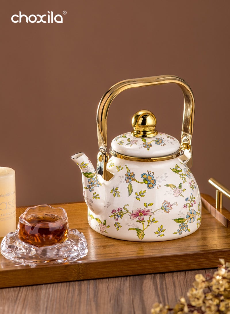 choxila Enamel Off-White 1.2L Teapot with Flower and Bird Pattern, Tea Infuser Kettle with Golden Handle for Home Use and Daily Brewing - Image 5