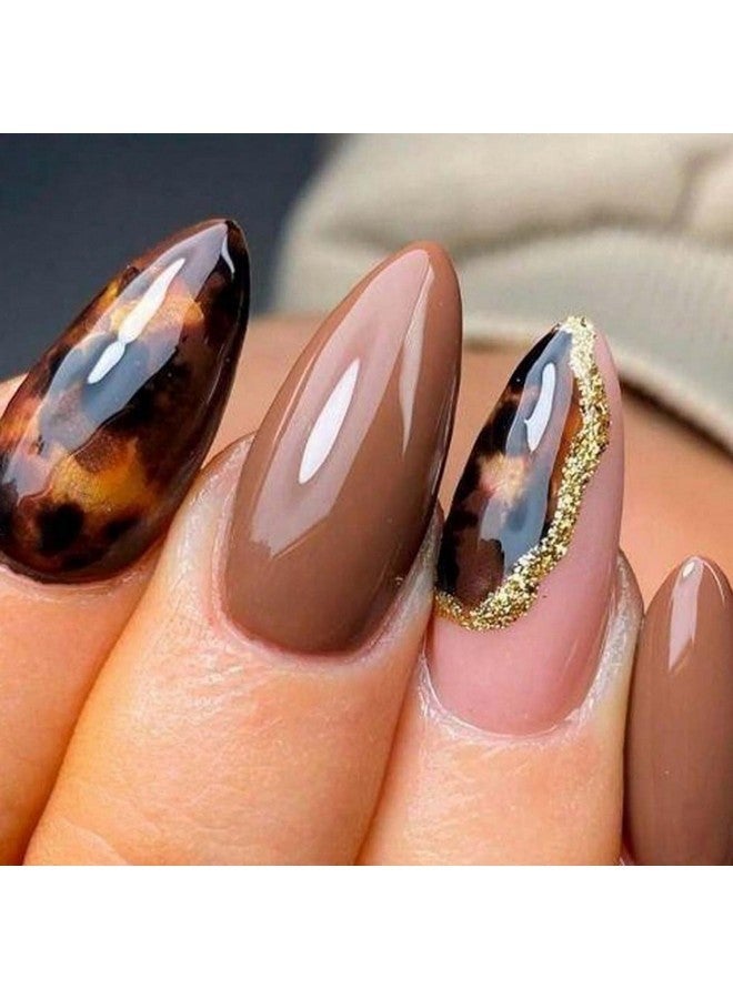 OCOUYVD Brown Almond Press On Nails Medium Fake Nails With Leopard&Glitter Designs Fall Almond Shaped False Nails Amber Acrylic Nails Glossy Stick On Nails For Women 24Pcs - Image 1