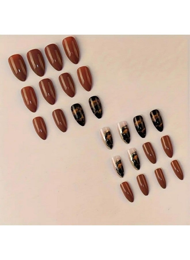 OCOUYVD Brown Almond Press On Nails Medium Fake Nails With Leopard&Glitter Designs Fall Almond Shaped False Nails Amber Acrylic Nails Glossy Stick On Nails For Women 24Pcs - Image 3