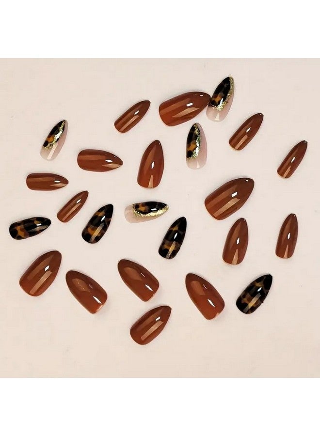 OCOUYVD Brown Almond Press On Nails Medium Fake Nails With Leopard&Glitter Designs Fall Almond Shaped False Nails Amber Acrylic Nails Glossy Stick On Nails For Women 24Pcs - Image 2
