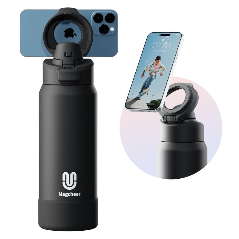 Insulated Magnetic Water Bottle  Reusable Stainless Steel Bottle with MagSafe Compatible Phone Holder  Keeps Cold for 32 Hours  Perfect for Gym Sports and Travel  Black 32oz