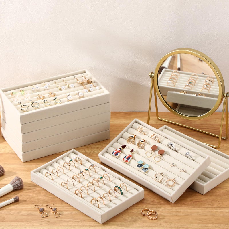 Highergo 8 Pcs Velvet Jewelry Trays Stackable Drawers Organizer Ring Earring Bracelet Necklace Storage Trays, 8.3x4.7x1''(7 Long Slots) - Image 3