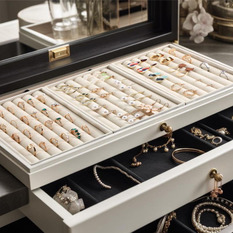 Highergo 8 Pcs Velvet Jewelry Trays Stackable Drawers Organizer Ring Earring Bracelet Necklace Storage Trays, 8.3x4.7x1''(7 Long Slots) - Image 4