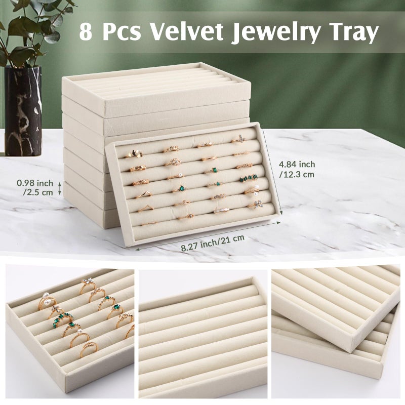 Highergo 8 Pcs Velvet Jewelry Trays Stackable Drawers Organizer Ring Earring Bracelet Necklace Storage Trays, 8.3x4.7x1''(7 Long Slots) - Image 2