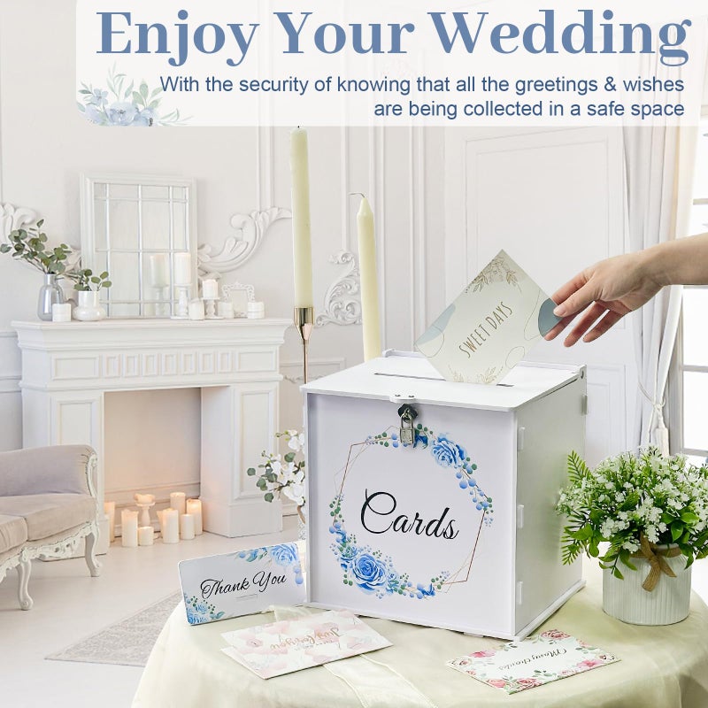 OurWarm White Wedding Card Box with Lock, PVC Gift Card Box with Blue Wreath, Wedding Decorations for Reception Envelop Money Gift Boxes for Graduation Birthday Bridal Baby Shower Decor - Image 4