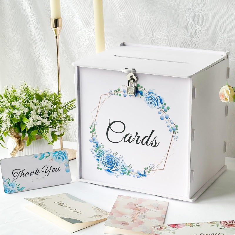 OurWarm White Wedding Card Box with Lock, PVC Gift Card Box with Blue Wreath, Wedding Decorations for Reception Envelop Money Gift Boxes for Graduation Birthday Bridal Baby Shower Decor - Image 1