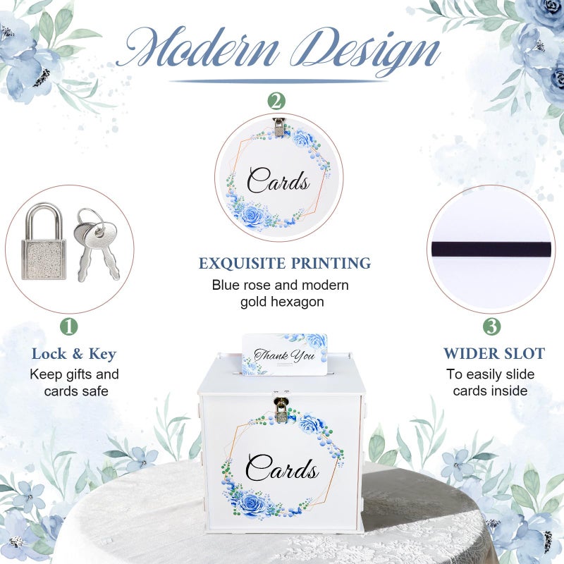 OurWarm White Wedding Card Box with Lock, PVC Gift Card Box with Blue Wreath, Wedding Decorations for Reception Envelop Money Gift Boxes for Graduation Birthday Bridal Baby Shower Decor - Image 5