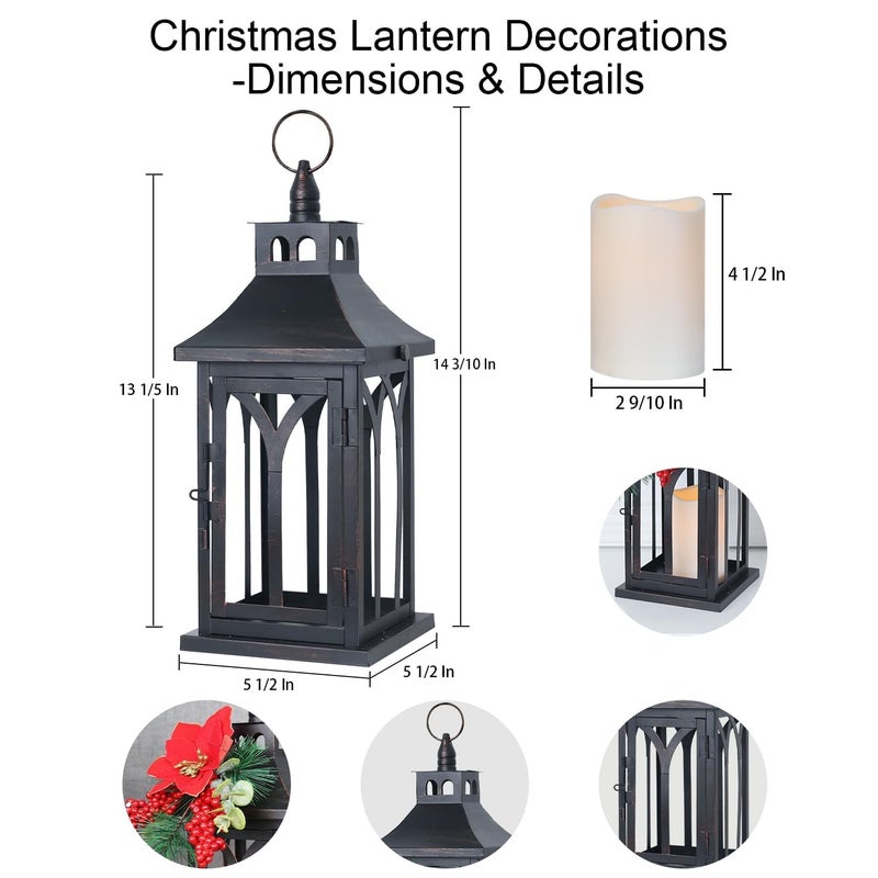 DECORKEY Decorations for Home, Decorative Led Candle Lantern Indoor Outdoor Decor, Metal Hanging Candle Holder with Xmas Teardrop Wreath and LED Candle for Table Centerpieces, Patio (Black) - Image 2
