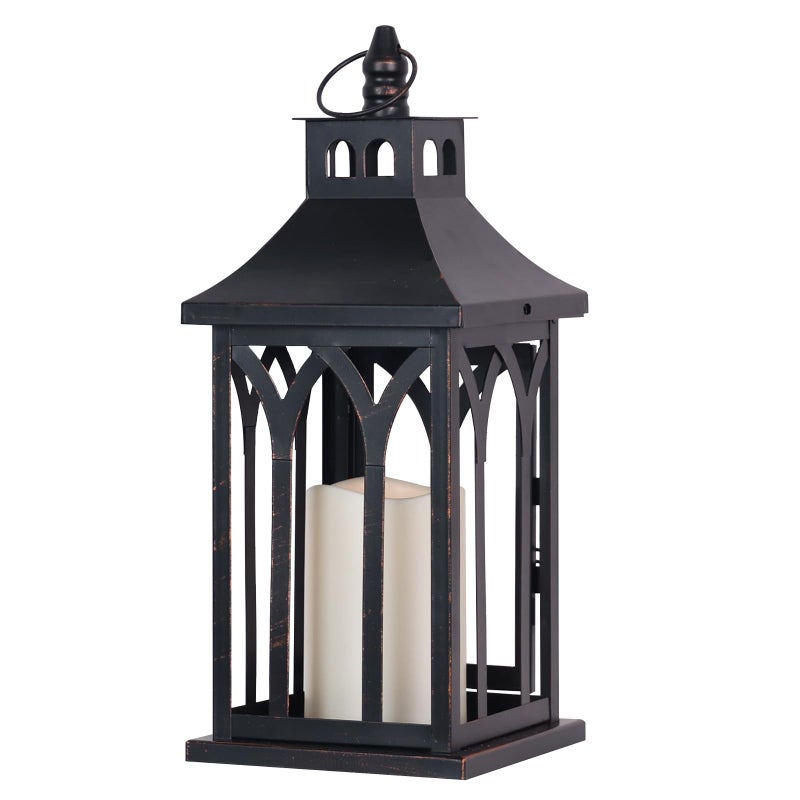 DECORKEY Decorations for Home, Decorative Led Candle Lantern Indoor Outdoor Decor, Metal Hanging Candle Holder with Xmas Teardrop Wreath and LED Candle for Table Centerpieces, Patio (Black) - Image 1