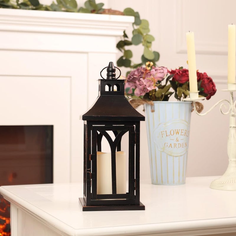 DECORKEY Decorations for Home, Decorative Led Candle Lantern Indoor Outdoor Decor, Metal Hanging Candle Holder with Xmas Teardrop Wreath and LED Candle for Table Centerpieces, Patio (Black) - Image 5