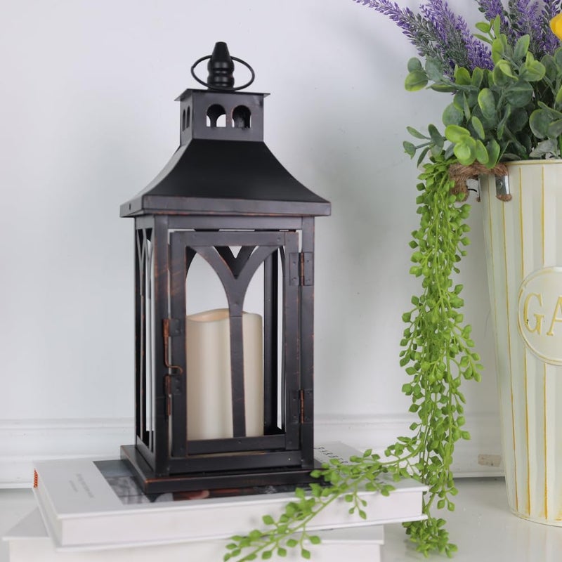 DECORKEY Decorations for Home, Decorative Led Candle Lantern Indoor Outdoor Decor, Metal Hanging Candle Holder with Xmas Teardrop Wreath and LED Candle for Table Centerpieces, Patio (Black) - Image 3