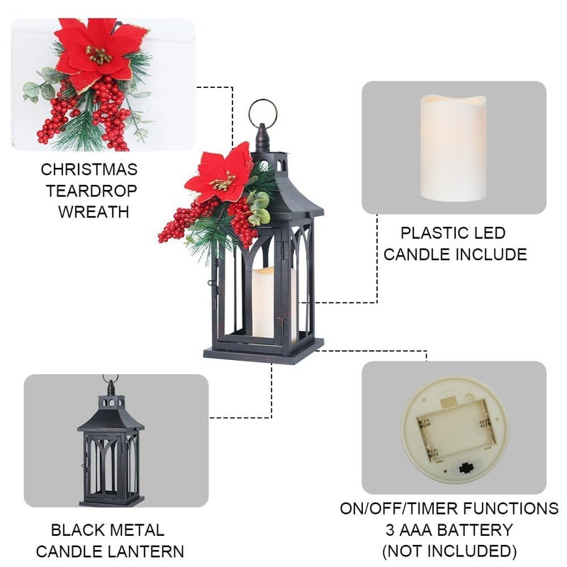 DECORKEY Decorations for Home, Decorative Led Candle Lantern Indoor Outdoor Decor, Metal Hanging Candle Holder with Xmas Teardrop Wreath and LED Candle for Table Centerpieces, Patio (Black) - Image 4