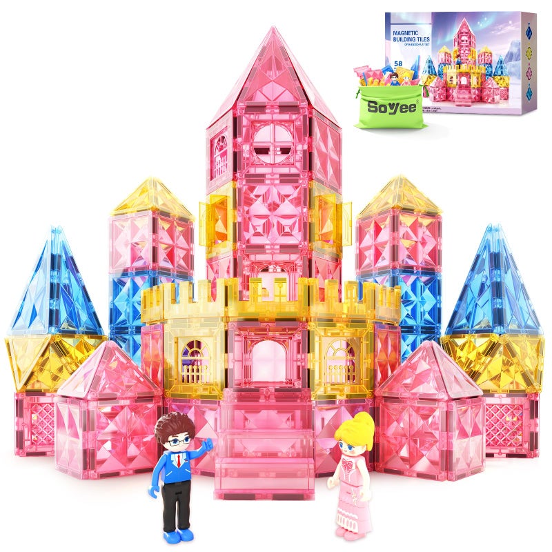 Soyee Diamond Magnetic Tiles Magnet Building Blocks - Princess Castle Toys for Girls & Boys Age 3-8 Birthday Present 5 6 7 8 9 10 Year Old Valentines Day Gifts for Kids Classroom - Image 1