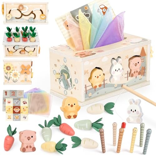 Joyreal 8in1 Montessori Tissue Box Toy for Baby 12 Months Neutral Color Wooden Activity Cube for Boys and Girls First Birthday Gifts Sensory Toy for Toddlers 13 Preschool Learning Education - Image 1