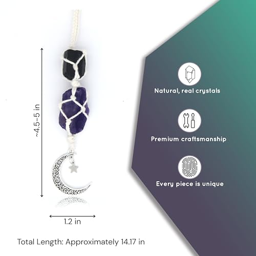 BOHO GARDEN Hanging Car Charm - Black Tourmaline, Amethyst - Dangling Moon, Healing Crystal Accessories, Rearview Mirror Decorations - Grounding, Confidence, Protection, Balance, Energy, Spirituality - Image 3