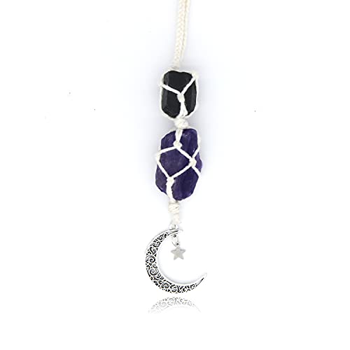 BOHO GARDEN Hanging Car Charm - Black Tourmaline, Amethyst - Dangling Moon, Healing Crystal Accessories, Rearview Mirror Decorations - Grounding, Confidence, Protection, Balance, Energy, Spirituality - Image 1