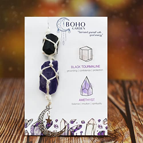 BOHO GARDEN Hanging Car Charm - Black Tourmaline, Amethyst - Dangling Moon, Healing Crystal Accessories, Rearview Mirror Decorations - Grounding, Confidence, Protection, Balance, Energy, Spirituality - Image 2