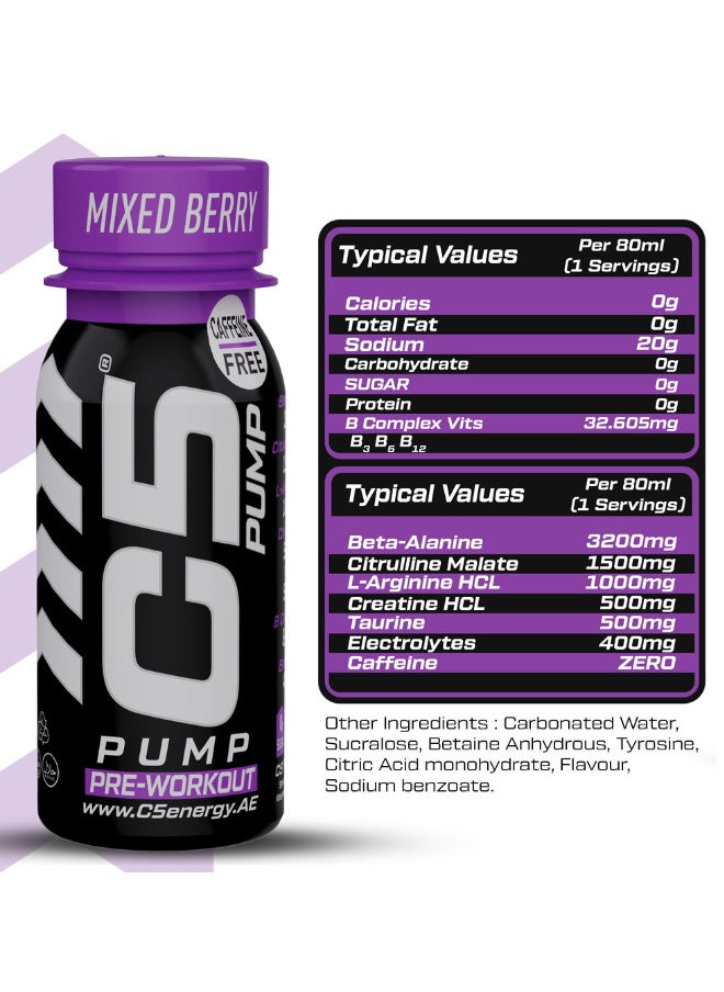 C5 C5 PUMP Shot Pre-Workout Energy Drink, Caffeine-Free, Sugar-Free, 80ml, With Beta-Alanine 3200mg, Citrulline 1500mg, B-Complex Vitamins (Pack of 12, Mixed Berry)  - Image 2