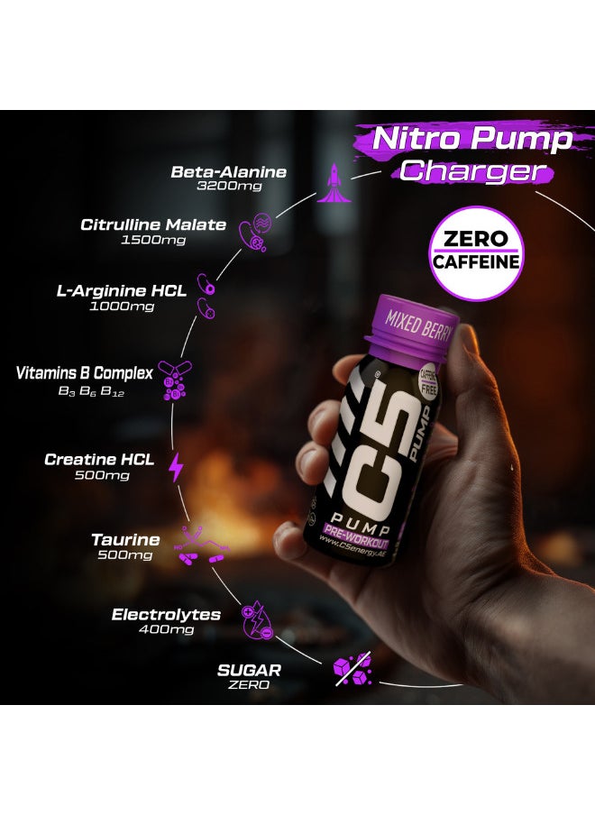 C5 C5 PUMP Shot Pre-Workout Energy Drink, Caffeine-Free, Sugar-Free, 80ml, With Beta-Alanine 3200mg, Citrulline 1500mg, B-Complex Vitamins (Pack of 12, Mixed Berry)  - Image 3
