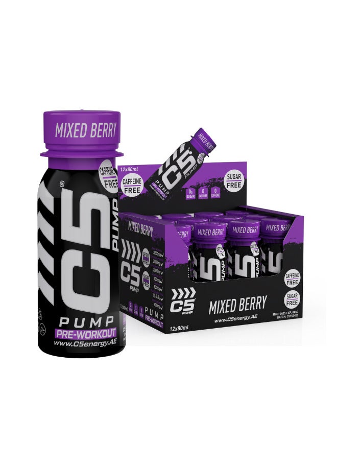 C5 C5 PUMP Shot Pre-Workout Energy Drink, Caffeine-Free, Sugar-Free, 80ml, With Beta-Alanine 3200mg, Citrulline 1500mg, B-Complex Vitamins (Pack of 12, Mixed Berry)  - Image 1