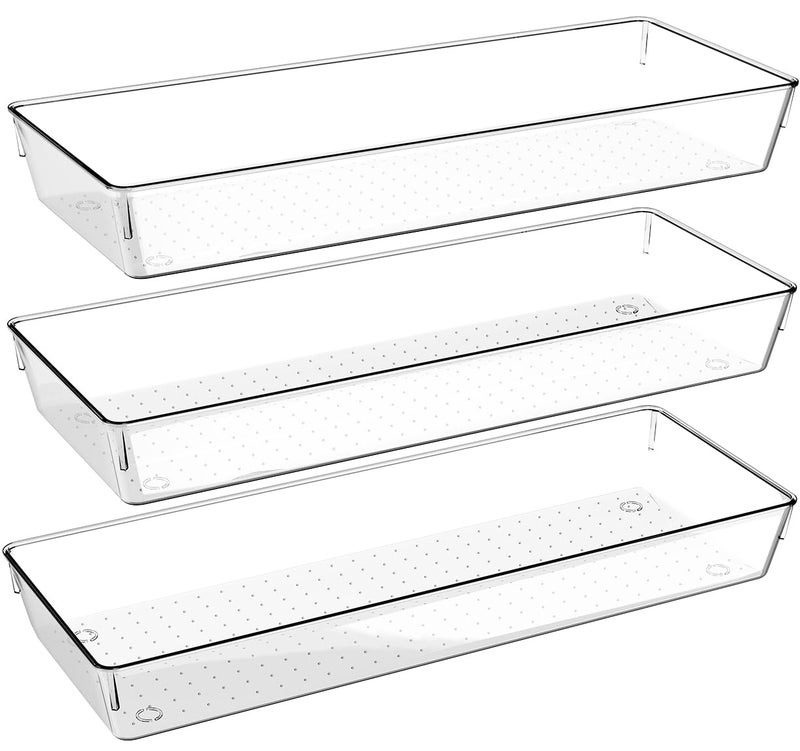Kutesna 3 Pcs Large Clear Drawer Organizer Set, 15" X 6" Desk Drawer Organizers Trays with Non-Slip Silicone Pads, Storage Bins for Makeup, Office, Kitchen Gadgets Utensils, Bedroom, Tools, Bathroom - Image 1