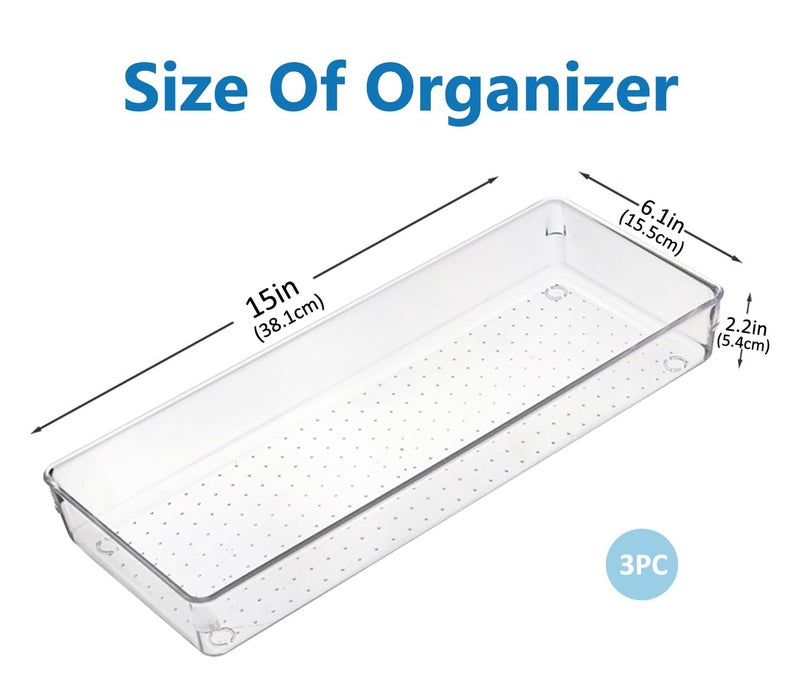 Kutesna 3 Pcs Large Clear Drawer Organizer Set, 15" X 6" Desk Drawer Organizers Trays with Non-Slip Silicone Pads, Storage Bins for Makeup, Office, Kitchen Gadgets Utensils, Bedroom, Tools, Bathroom - Image 2
