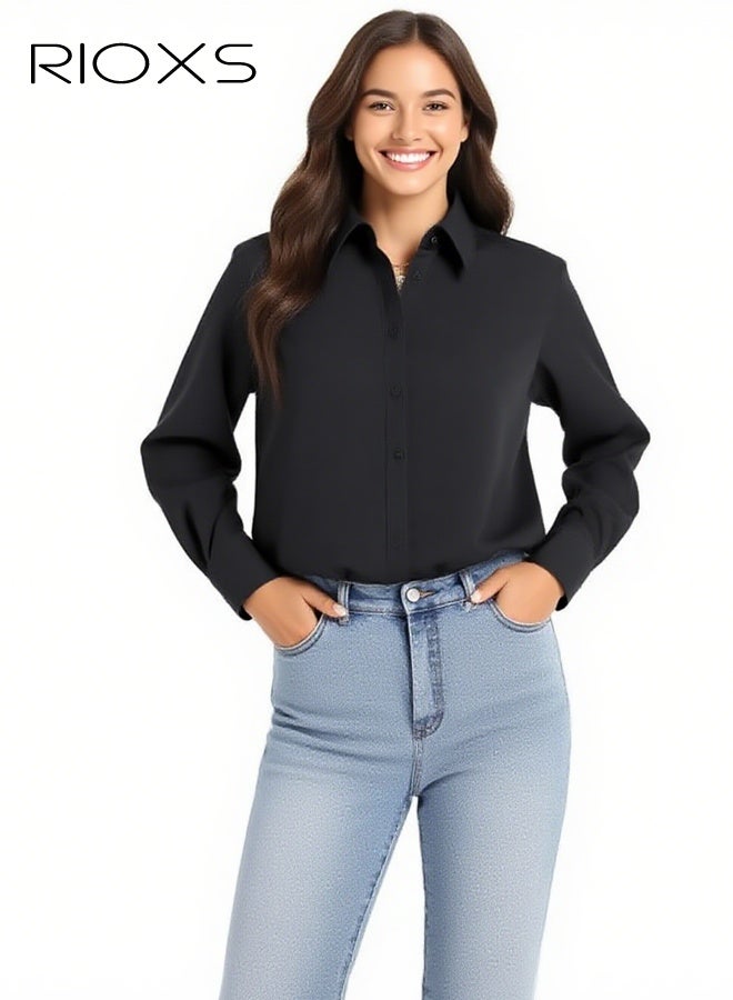 RIOXS Women's Black Button Down Slim Fit Shirt​​, Breathable Stand Collar Long Sleeve Shirt for Office and Casual Wear - Image 1