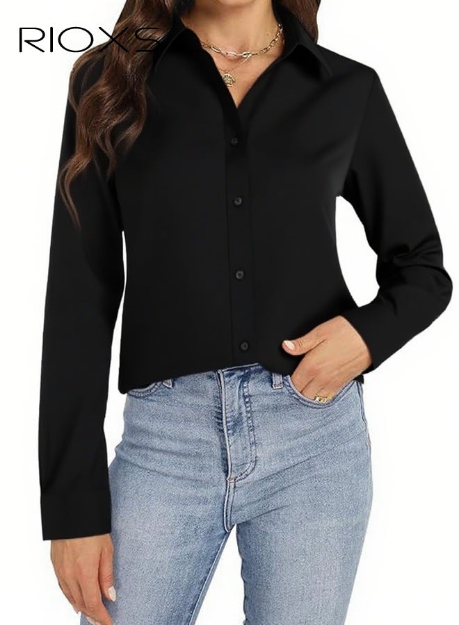 RIOXS Women's Black Button Down Slim Fit Shirt​​, Breathable Stand Collar Long Sleeve Shirt for Office and Casual Wear - Image 2
