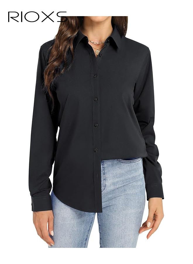 RIOXS Women's Black Button Down Slim Fit Shirt​​, Breathable Stand Collar Long Sleeve Shirt for Office and Casual Wear - Image 5
