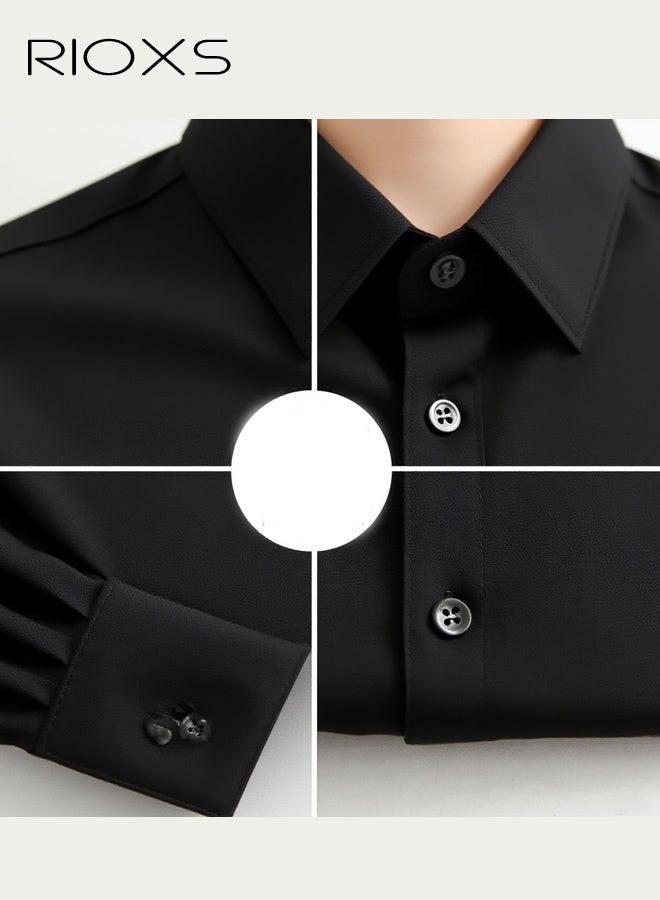 RIOXS Women's Black Button Down Slim Fit Shirt​​, Breathable Stand Collar Long Sleeve Shirt for Office and Casual Wear - Image 3